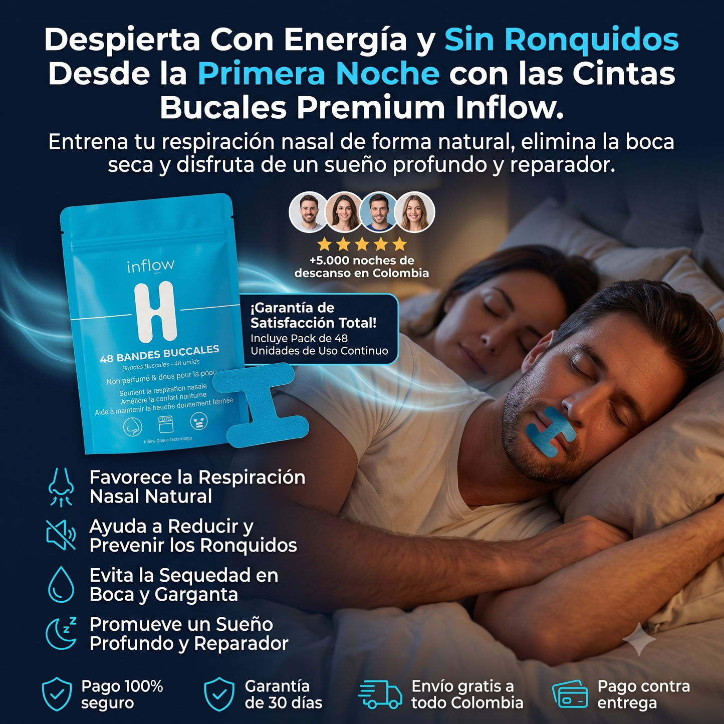 Cintas Bucales Premium para Dormir Mejor | Diseño en H (48 Unidades)