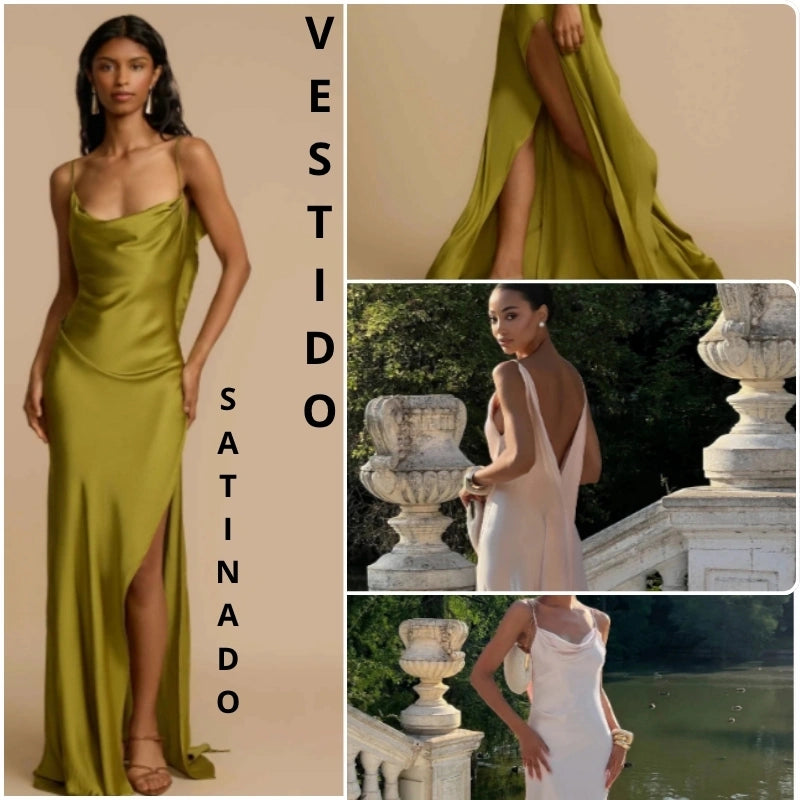 VESTIDO EN SATIN ELEGANTE CON ESCOTE