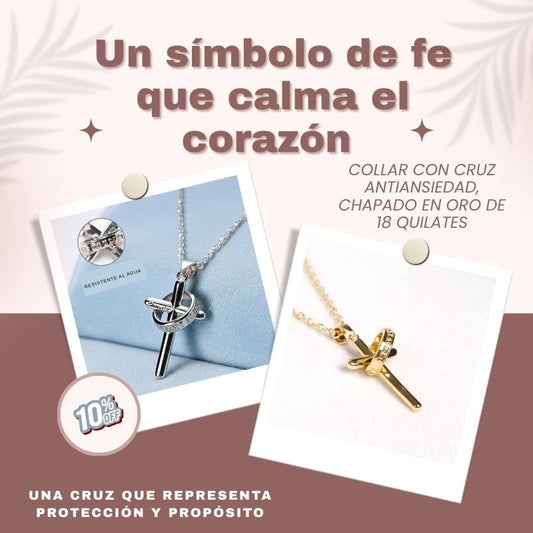 COLLAR CON CRUZ ANTIANSIEDAD, CHAPADO EN ORO DE 18 QUILATES