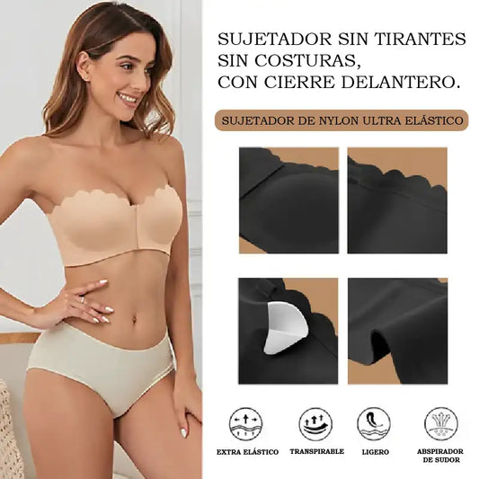 Sujetador bandeau sin tirantes ni costuras con cierre frontal.