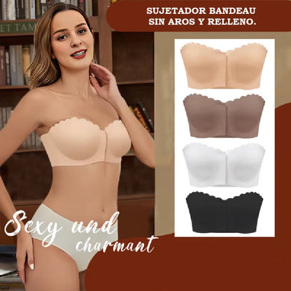 Sujetador bandeau sin tirantes ni costuras con cierre frontal.