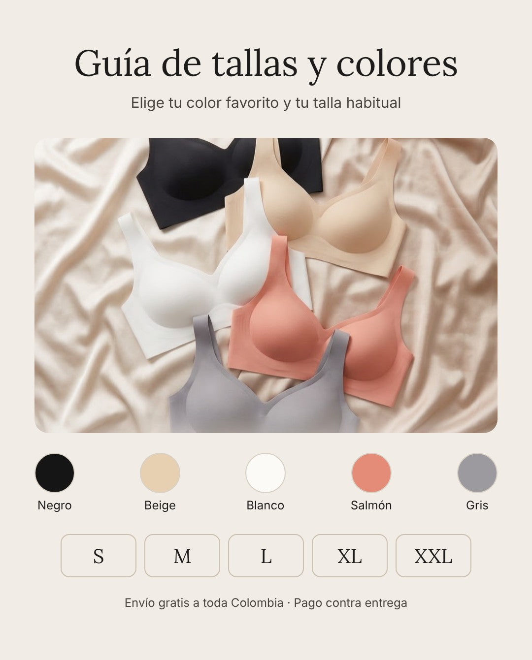 Guía de tallas y colores: negro, beige, blanco, salmón y gris