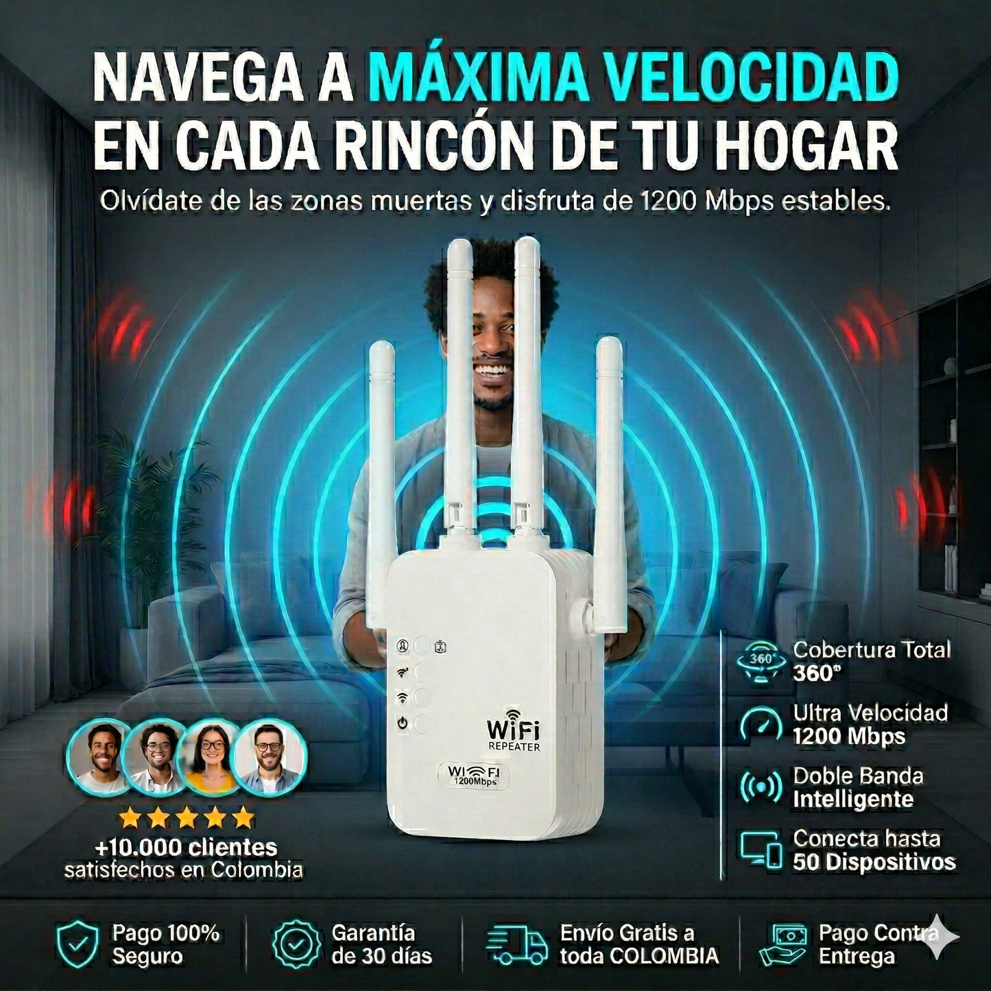 SeñalMax Pro™ – Amplificador WiFi Inteligente - WiFi doble banda (5G/2.4G) - 1200 Mbps + cobertura total  - Hasta 50 dispositivos